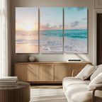 Tranquil Ocean Beach Sunset Canvas Wall Art | 3-Panel Coastal Decor