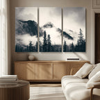 Forest Mountain Print | Black and White Canvas Wall Art with Misty Forest Design