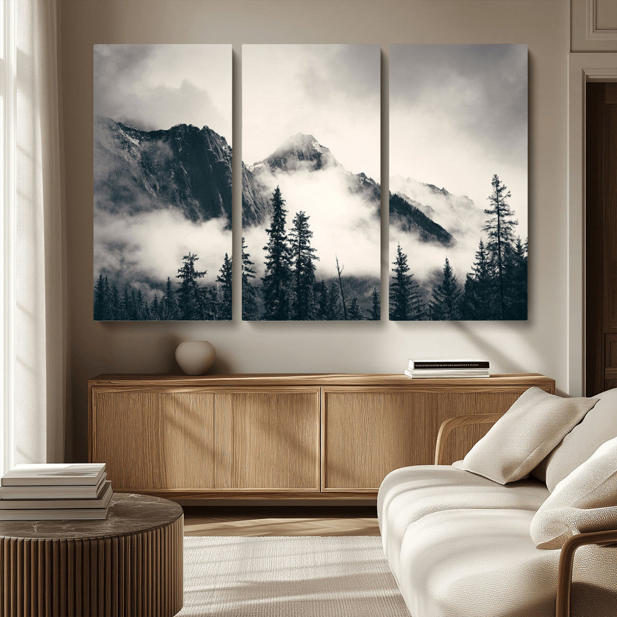 Forest Mountain Print | Black and White Canvas Wall Art with Misty Forest Design