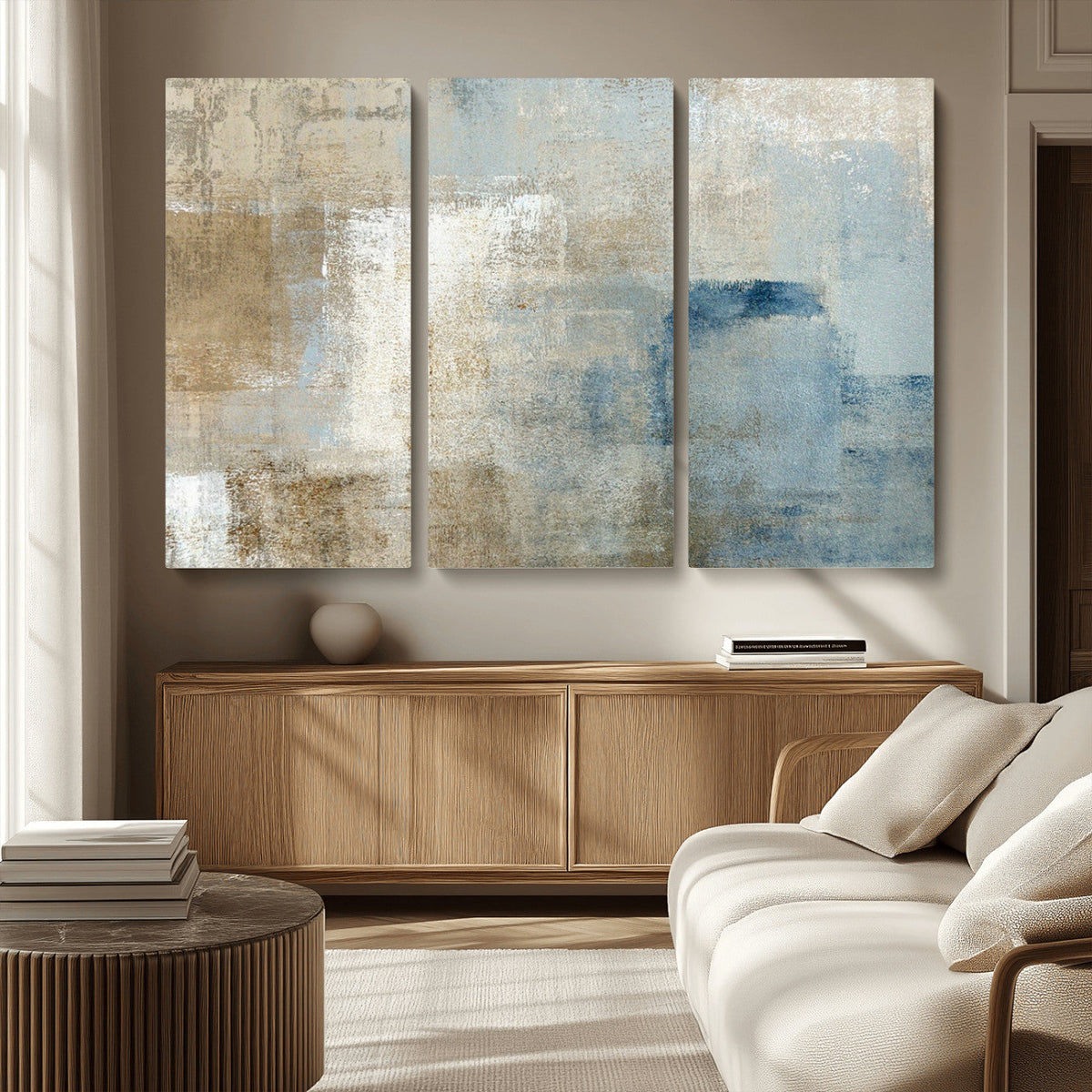 Abstract Blue and Beige Wall Art, Modern Minimalist Canvas Print Set