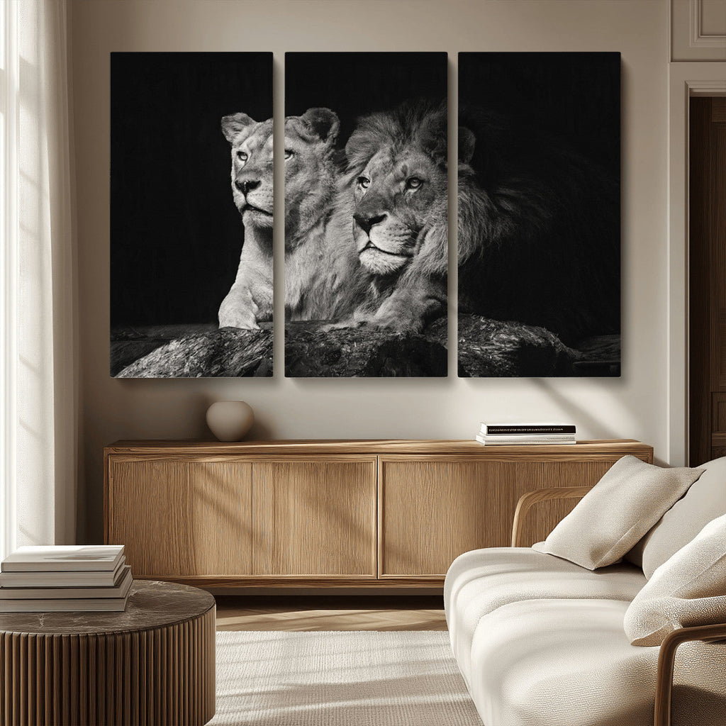 Lion Couple Wall Art Canvas Print, Elegant Black and White Wildlife Portrait
