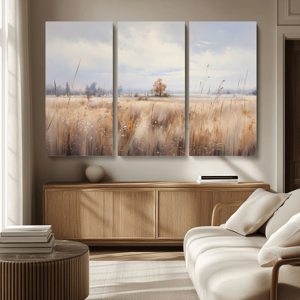 Golden Fields Wall Art Print Canvas | Serene Minimalist Landscape for Farmhouse Decor