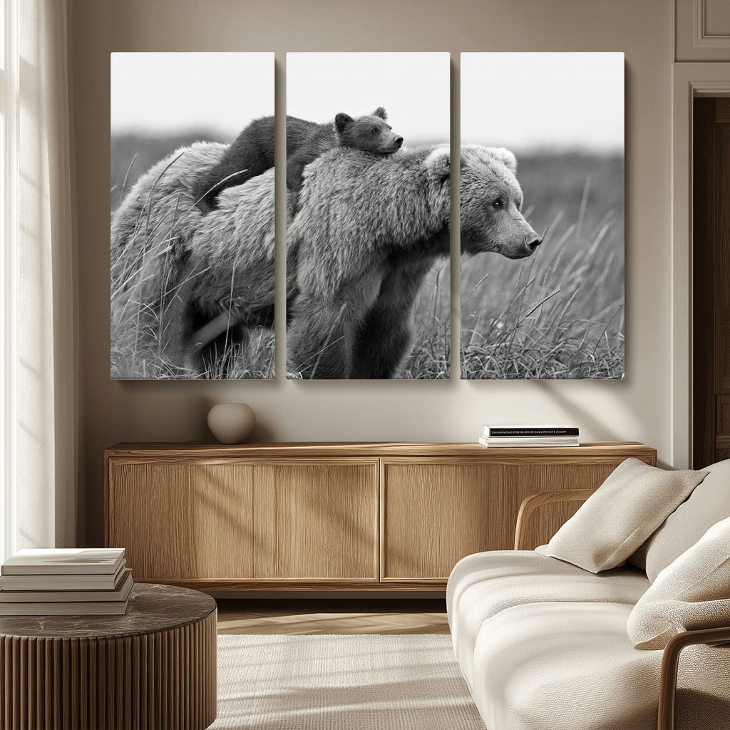 Bear and Cub Wall Art Canvas | Grizzly 399 Bear and Cub Black and White Wildlife Print