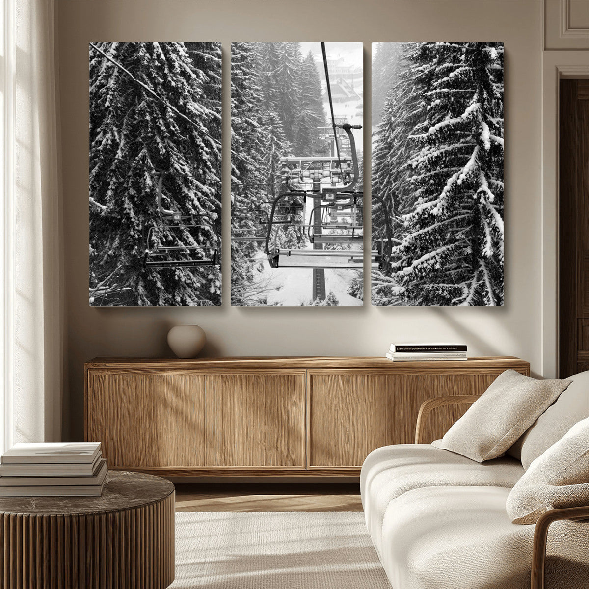 Winter Ski Lift Black and White Canvas Wall Art | Alpine Escape in Minimalist Style