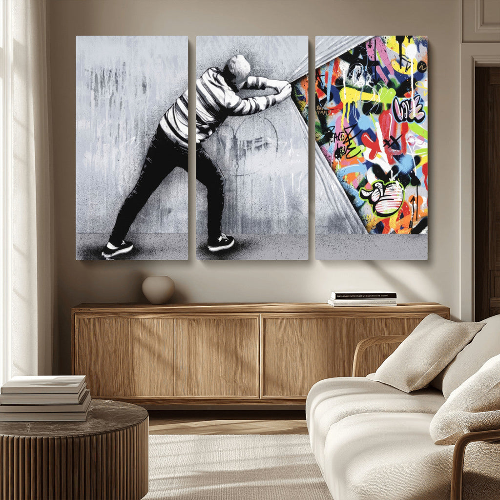 Banksy Art Behind the Curtain Street Wall Art Canvas Print | Urban Graffiti Style Wall Decor