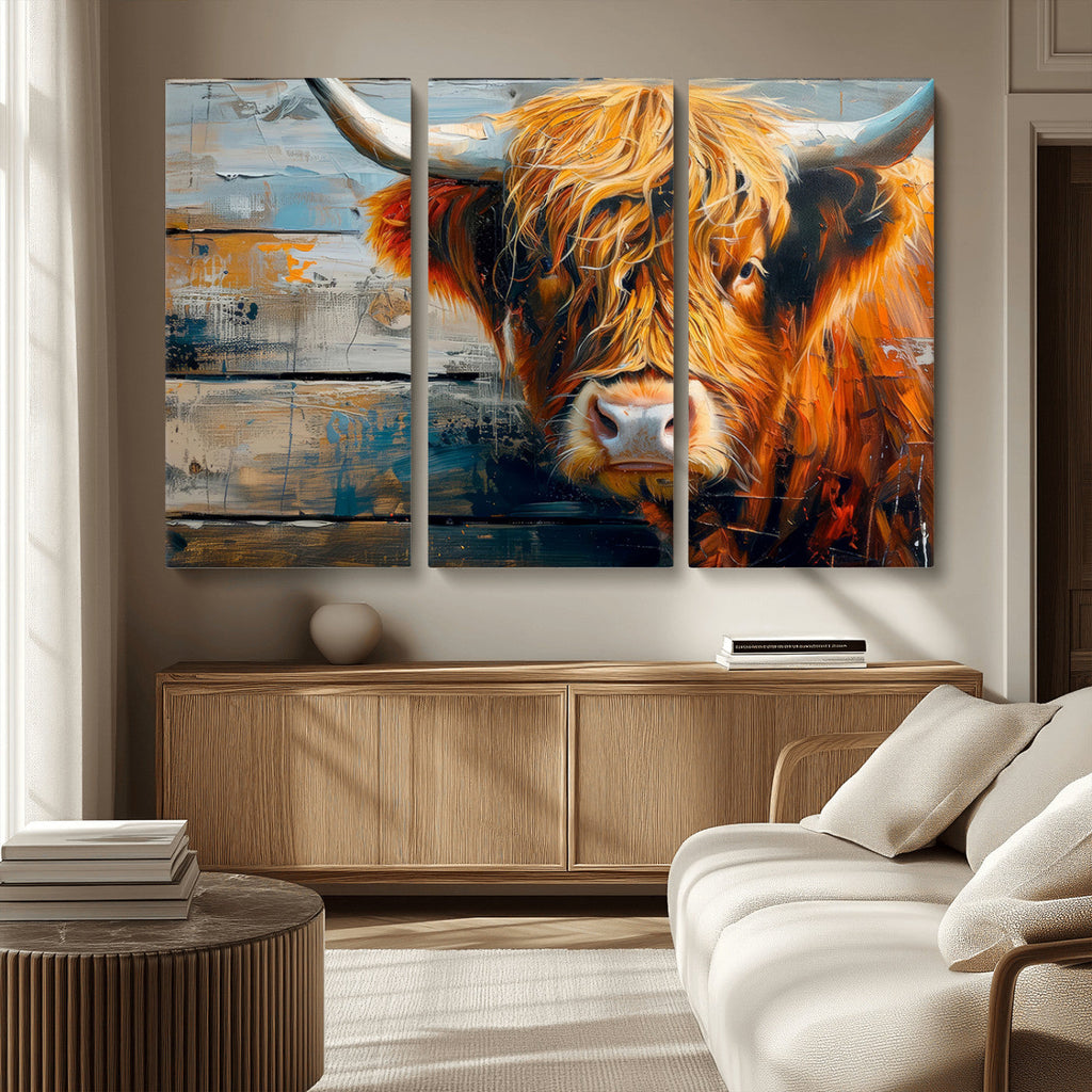 Highland Cow Abstract Canvas Wall Art, Bold Farmhouse Decor