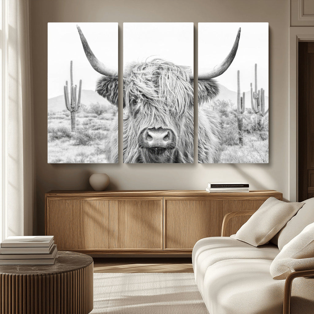 Rustic Charm, Cow Longhorn Black White Bighorn Wall Art