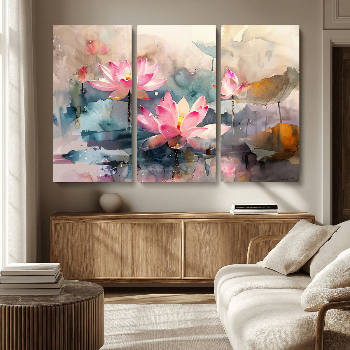 Lotus Flower Wall Art | 3 Panel Giclee Canvas Print of Pink Lotus Blossoms