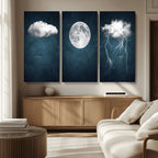 3 Piece Indigo Cloud Wall Art, Thunderstorm Moon Cloud Artwork