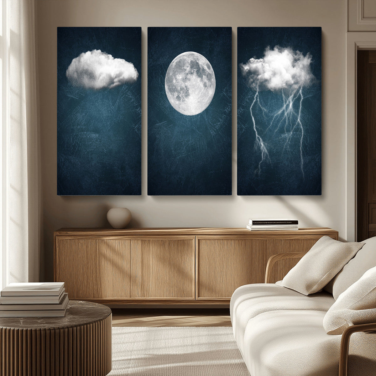 3 Piece Indigo Cloud Wall Art, Thunderstorm Moon Cloud Artwork