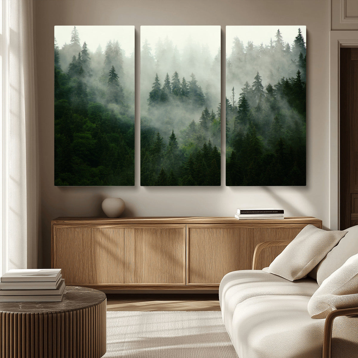 Misty Forest Wall Art | Tranquil Green Woodland Canvas Print