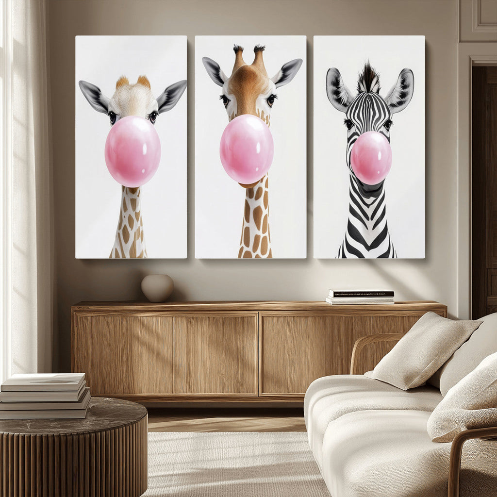 Bubblegum Animals Canvas Wall Art, Playful Giraffe and Zebra Trio, Whimsical Nursery and Kids Room Decor