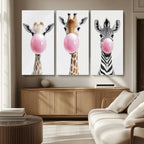 Bubblegum Animals Canvas Wall Art, Playful Giraffe and Zebra Trio, Whimsical Nursery and Kids Room Decor