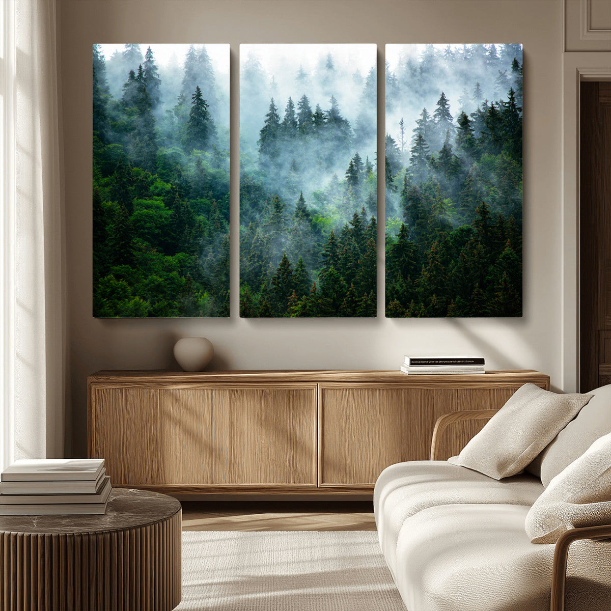 Misty Forest Wall Art Canvas Print, Framed Foggy Mountain Art, Large Scenic Woodland Canvas