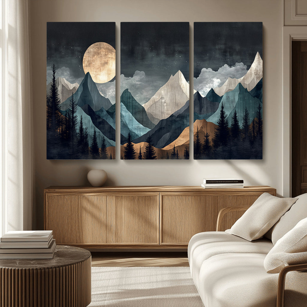 Moonlit Mountain Wall Art Canvas Print, Framed Silhouetted Pines Art, Layered Peaks Rustic Decor