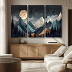 Moonlit Mountain Wall Art Canvas Print, Framed Silhouetted Pines Art, Layered Peaks Rustic Decor