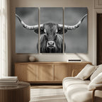 Texas Longhorn Wall Art Canvas Print, Framed Western Bull Photography, Rustic Log Cabin Decor