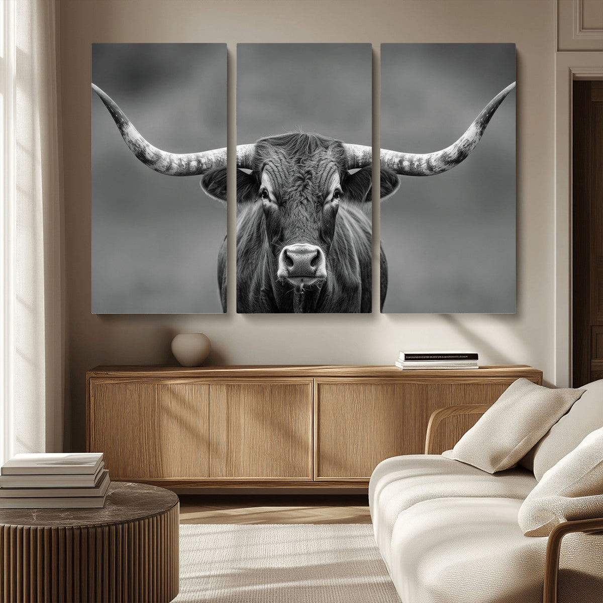 Texas Longhorn Wall Art Canvas Print, Framed Western Bull Photography, Rustic Log Cabin Decor