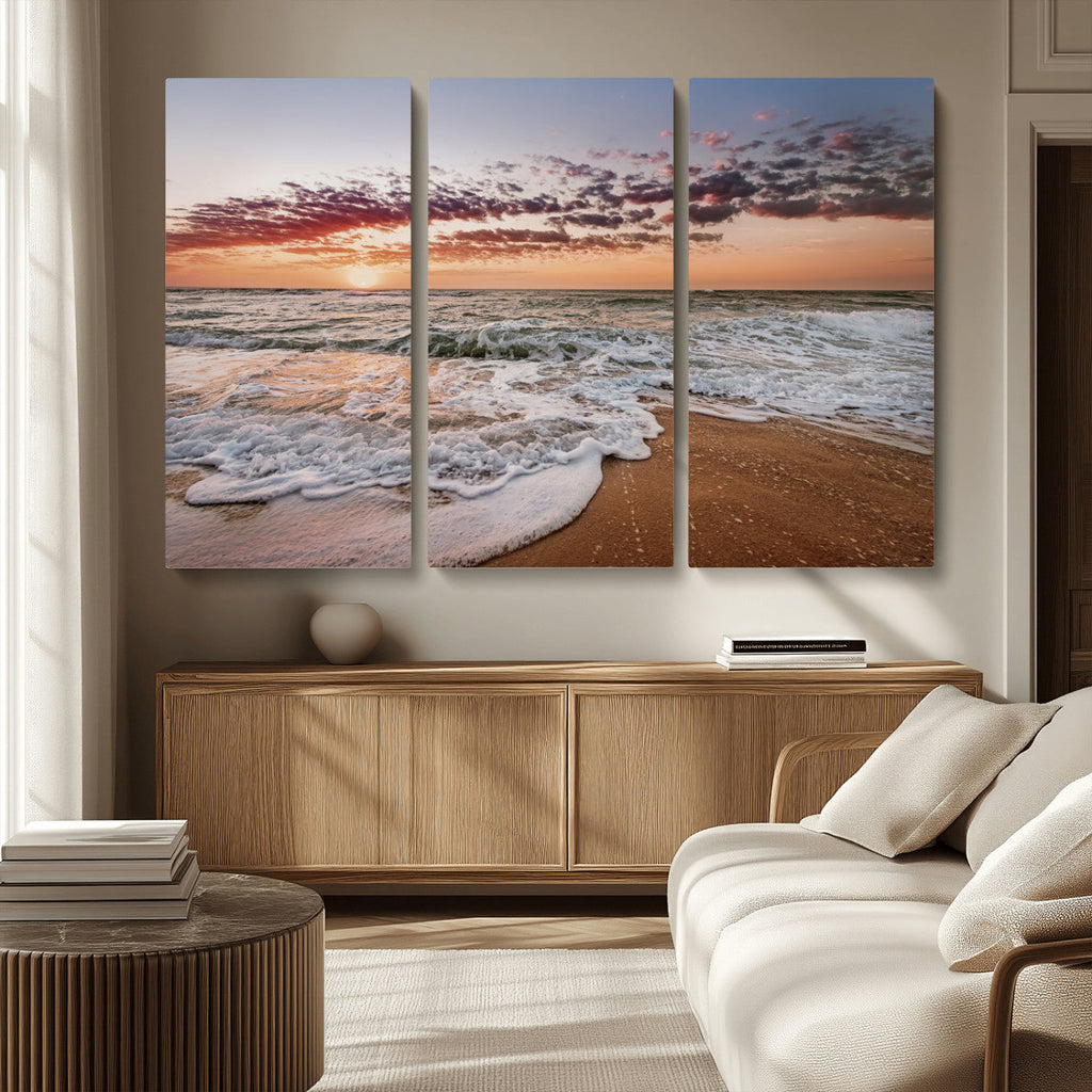 Ocean Sunset Wall Art Canvas Print | Sandy Shore and Gentle Waves