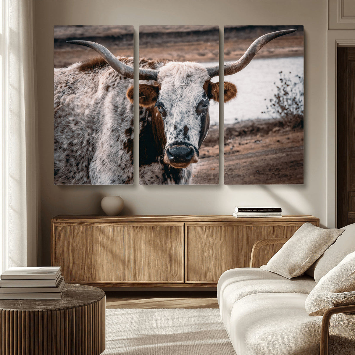 Texas Longhorn Wall Art Canvas Print | Framed Brown and White Spotted Longhorn