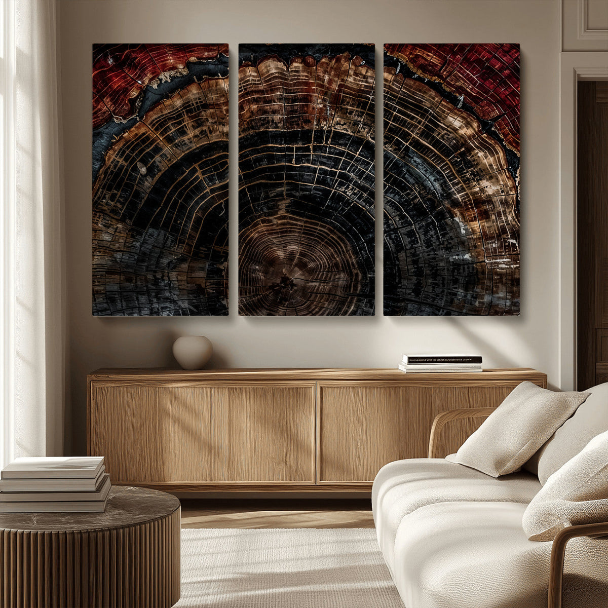 Dark Wood Ring Wall Art Canvas Print, Framed Abstract Tree Slice Print, Rustic Wood Grain Decor