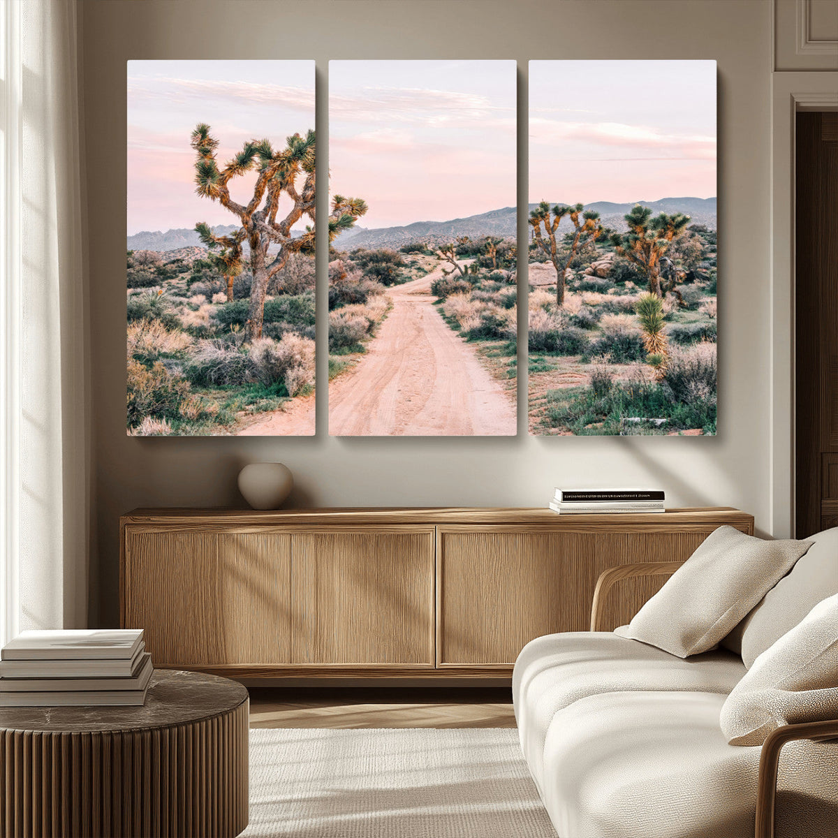 Joshua Tree Wall Art Canvas Print, Framed Desert Road Scene at Sunset