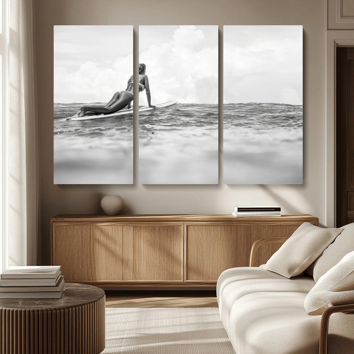 Black and White Surfing Wall Art Canvas Print, Framed Ocean Horizon Surfer Girl