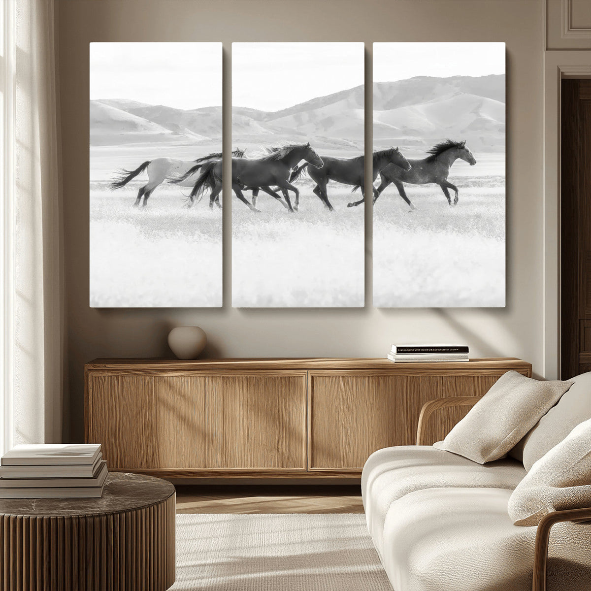Wild Horses Running Wall Art Canvas Print, Framed Black White Mustangs Artwork
