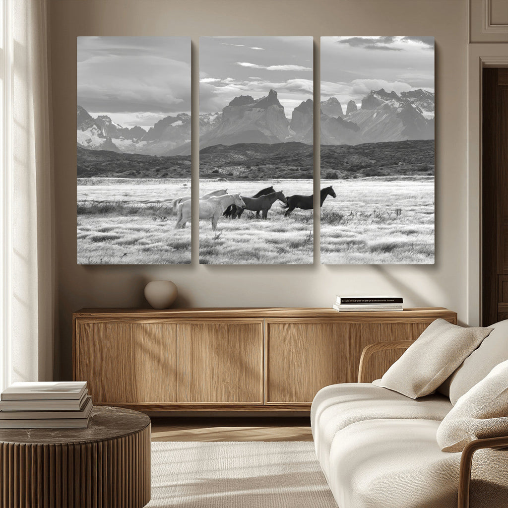Wild Horses Wall Art | Framed Black White Mountain Canvas