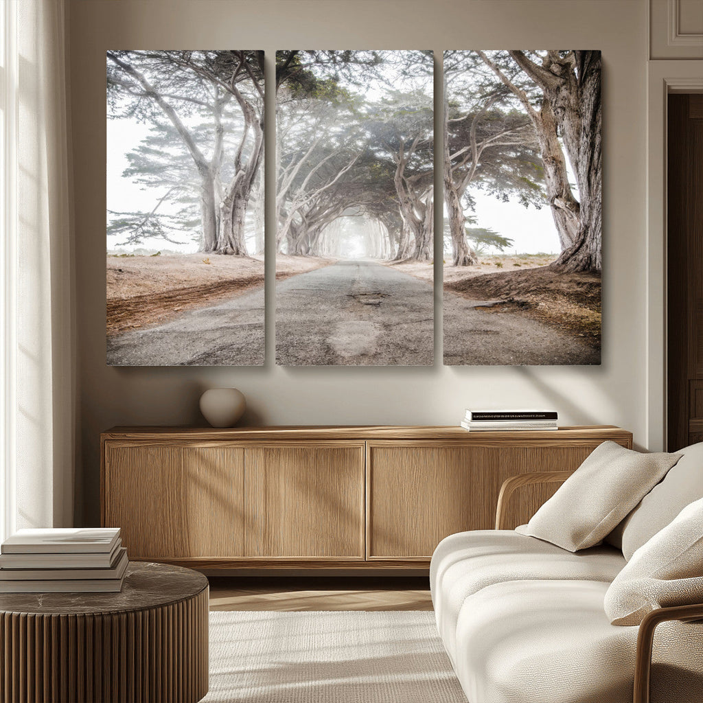 Cypress Tunnel Wall Art | Framed Misty Road Canvas Artwork