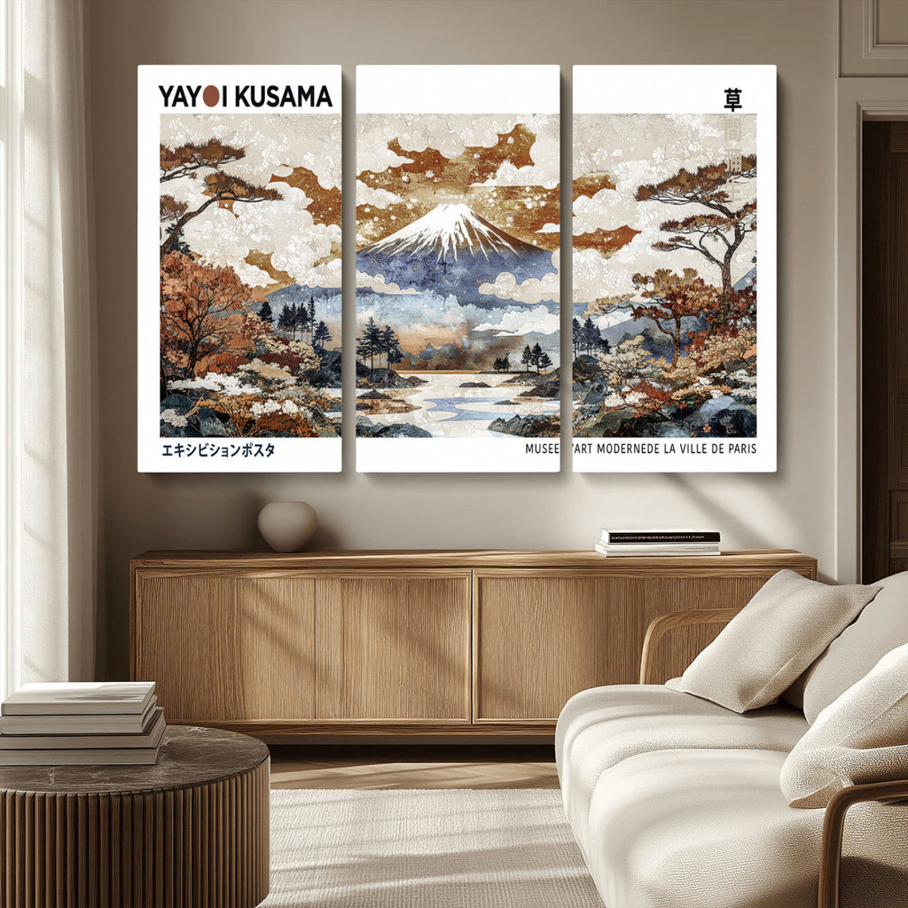 Modern Japanese Wall Art Canvas Print, Framed Abstract Mount Fuji Landscape, Yayoi Kusama Canvas Wall Art
