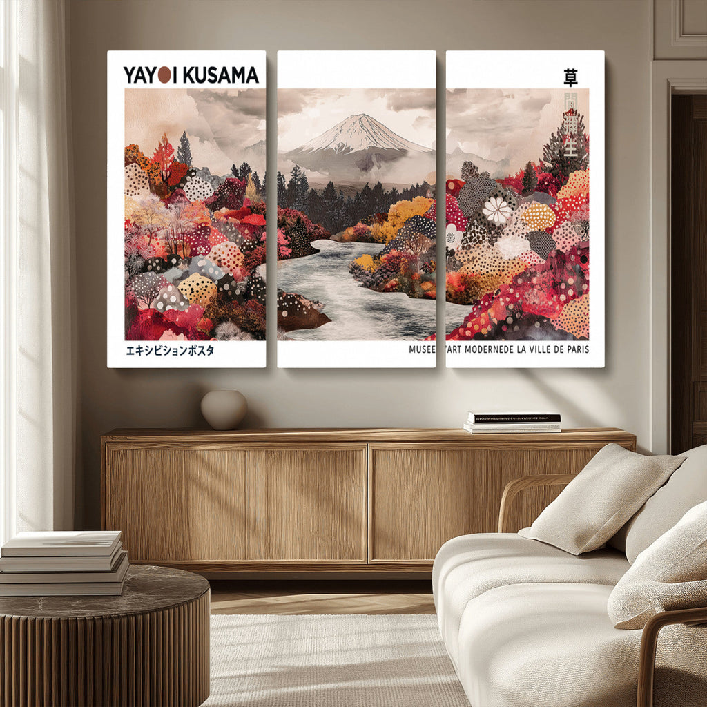 Modern Japanese Wall Art Canvas Print, Framed Abstract Mount Fuji Art, Yayoi Kusama Japanese Landscape