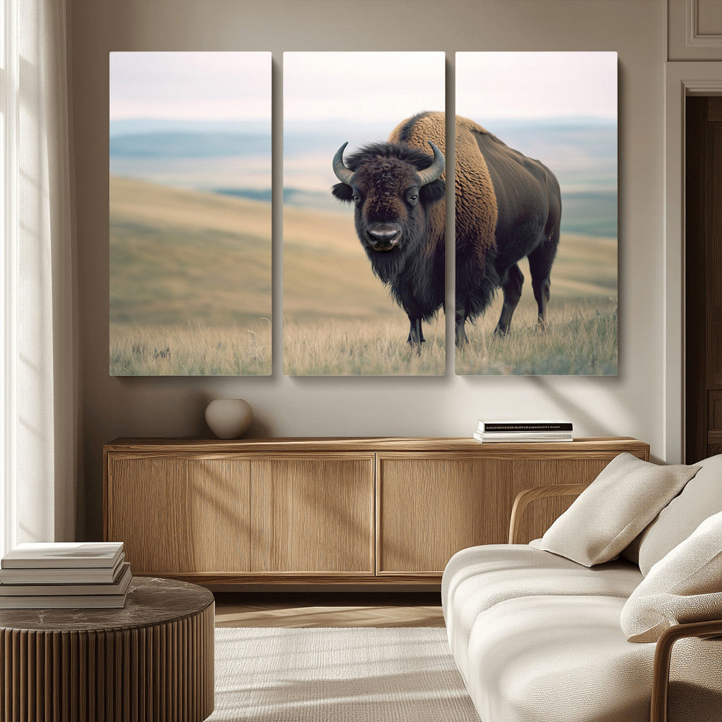 Bison Wall Art Canvas Print, Framed American Buffalo Rustic Western Artwork