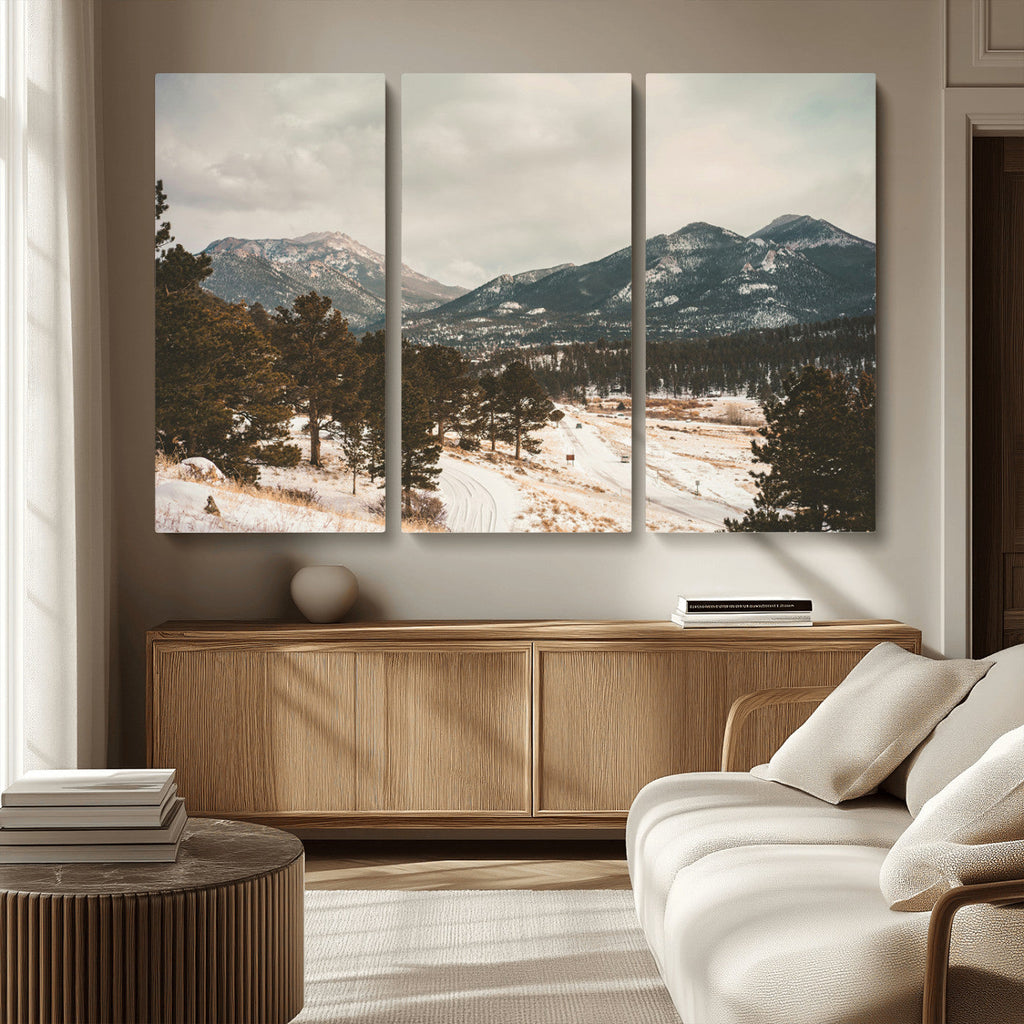 Mountain Landscape Wall Art Canvas Print, Framed Snowy Peaks Alpine Winter