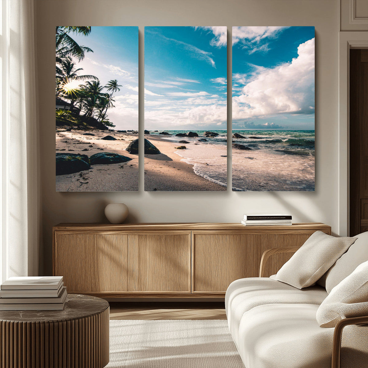 Tropical Beach Wall Art Canvas Print, Framed Ocean Waves Relaxing Seascape