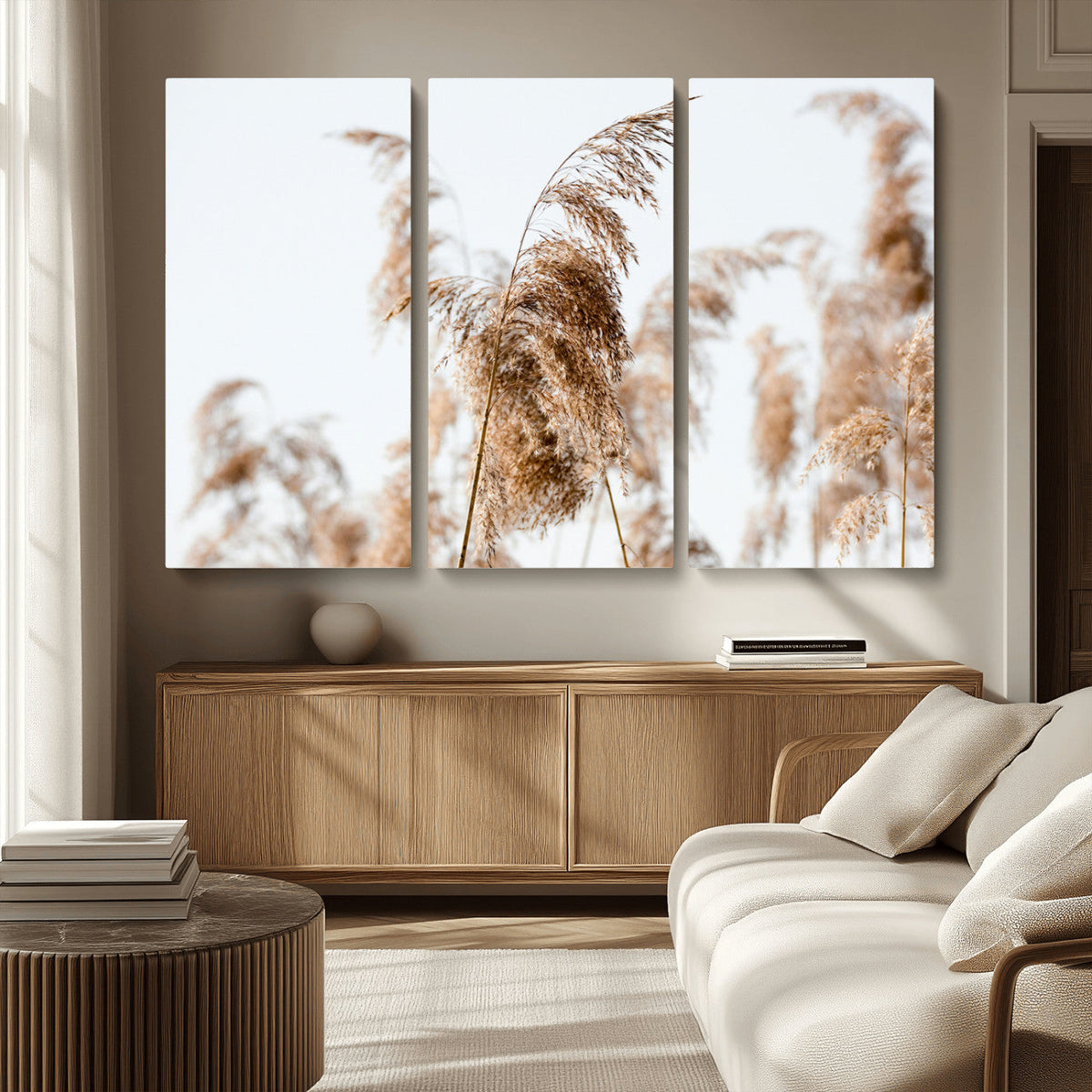Pampas Grass Wall Art Canvas Print, Framed Neutral Tones Minimalist Boho