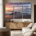 Golden Hour Wall Art Canvas Print, Framed Tranquil Waves Beach Sunset
