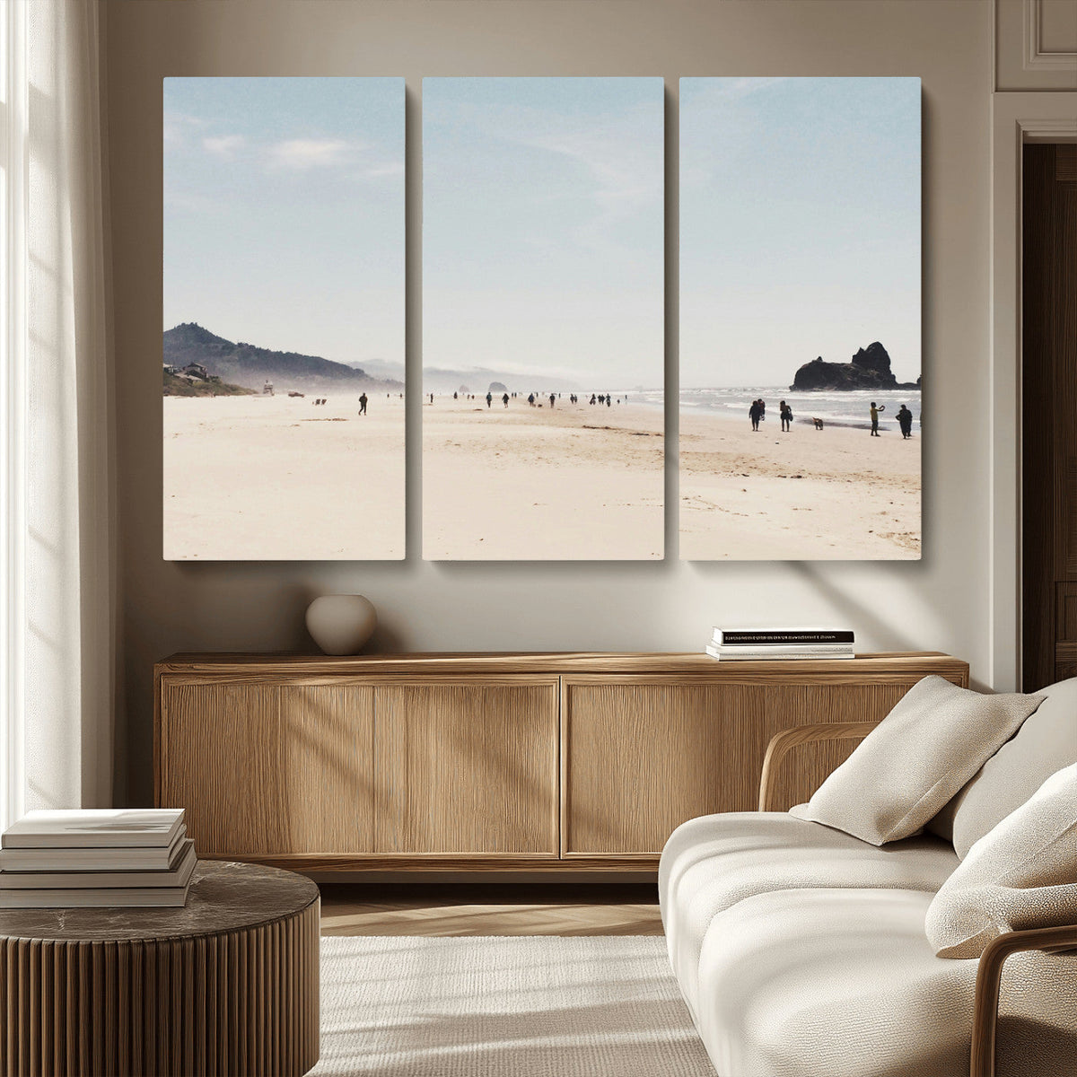 Minimalist Beach Wall Art Canvas Print, Framed Coastal Serenity Soft Sand