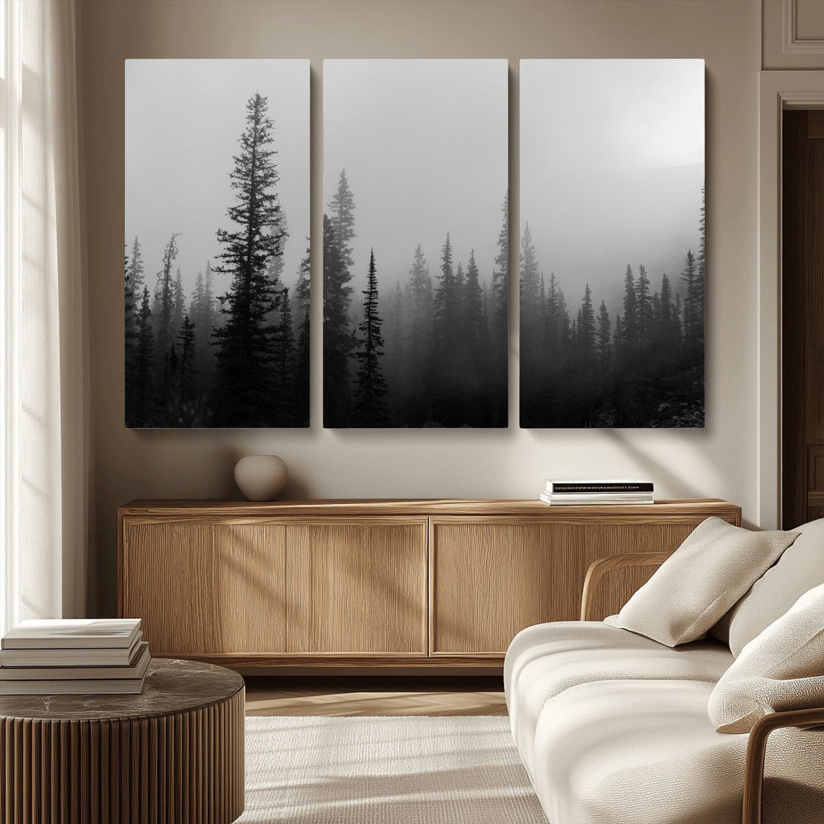 Misty Pines Wall Art Canvas Print, Framed Woodland Minimalist Black and White