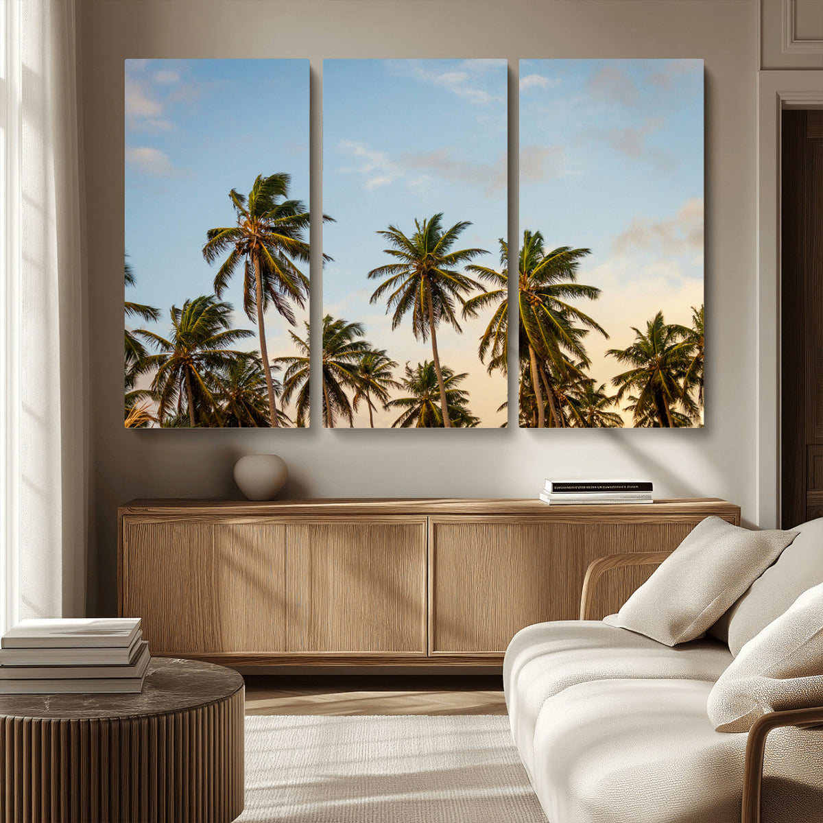 Palm Trees Wall Art Canvas Print, Framed Tropical Vibes Coastal Sunset
