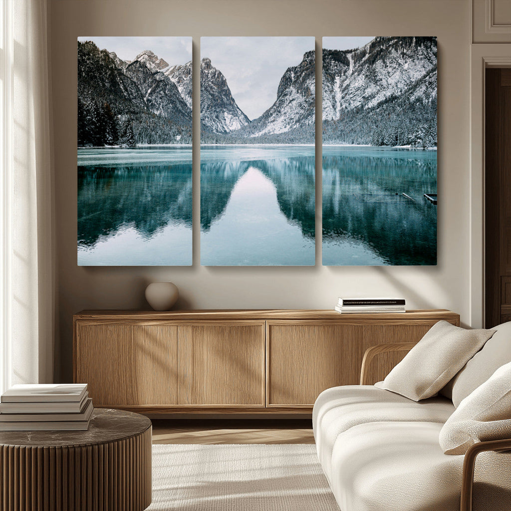 Mountain Lake Wall Art Canvas Print, Framed Toblacher See Winter Wonderland