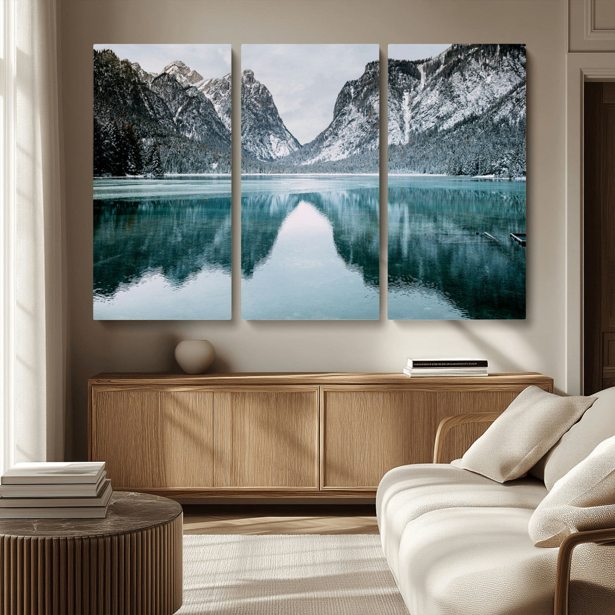 Mountain Lake Wall Art Canvas Print, Framed Toblacher See Winter Wonderland