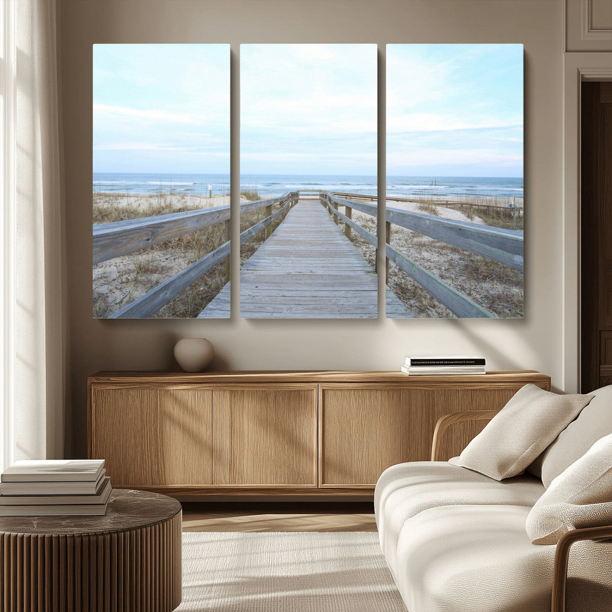 Beach Boardwalk Wall Art Canvas Print, Framed Coastal Serenity Ocean View