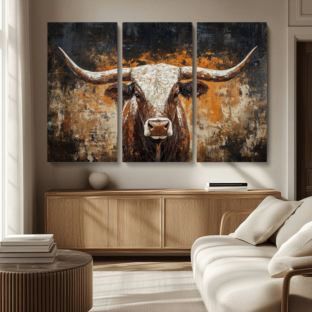 Abstract Longhorn Bull Wall Art Canvas Print, Vintage Western Texas Steer Artwork