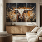 Abstract Longhorn Bull Wall Art Canvas Print, Vintage Western Texas Steer Artwork