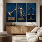 Lady Justice Wall Art Canvas Print, Elegant Gold Legal Symbols on Blue, Law Office Decor
