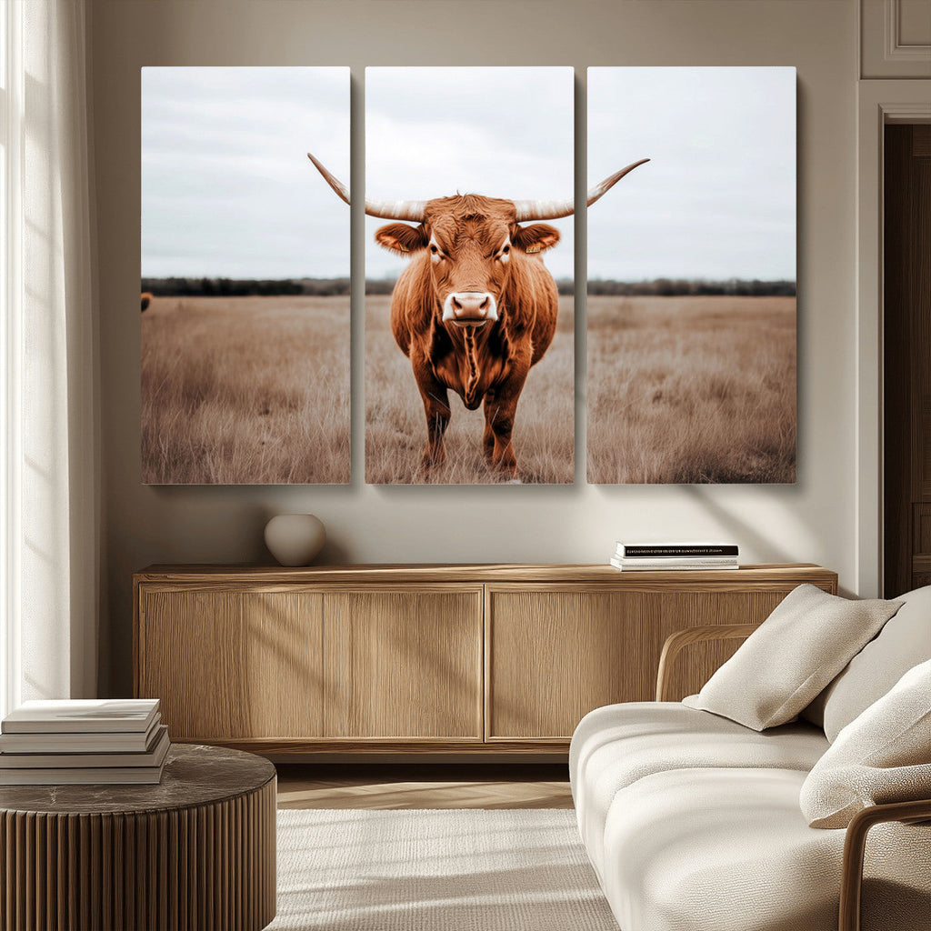 Longhorn Bull Wall Art Canvas Print, Framed Rustic Decor