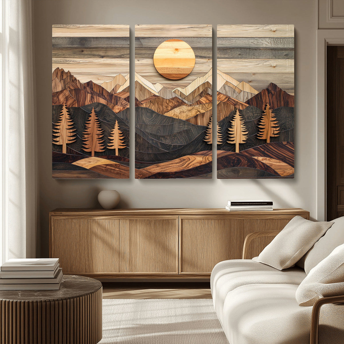 Wooden Mountain Layers Art | Rustic Pine Tree Landscape