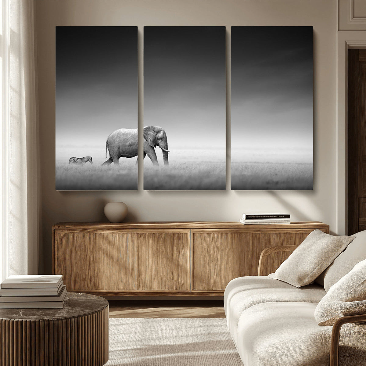 Elephant and Zebra Wall Art Canvas Print, Modern Artwork