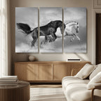 Wild Horses Wall Art Canvas Print, Framed Black and White Galloping Horses